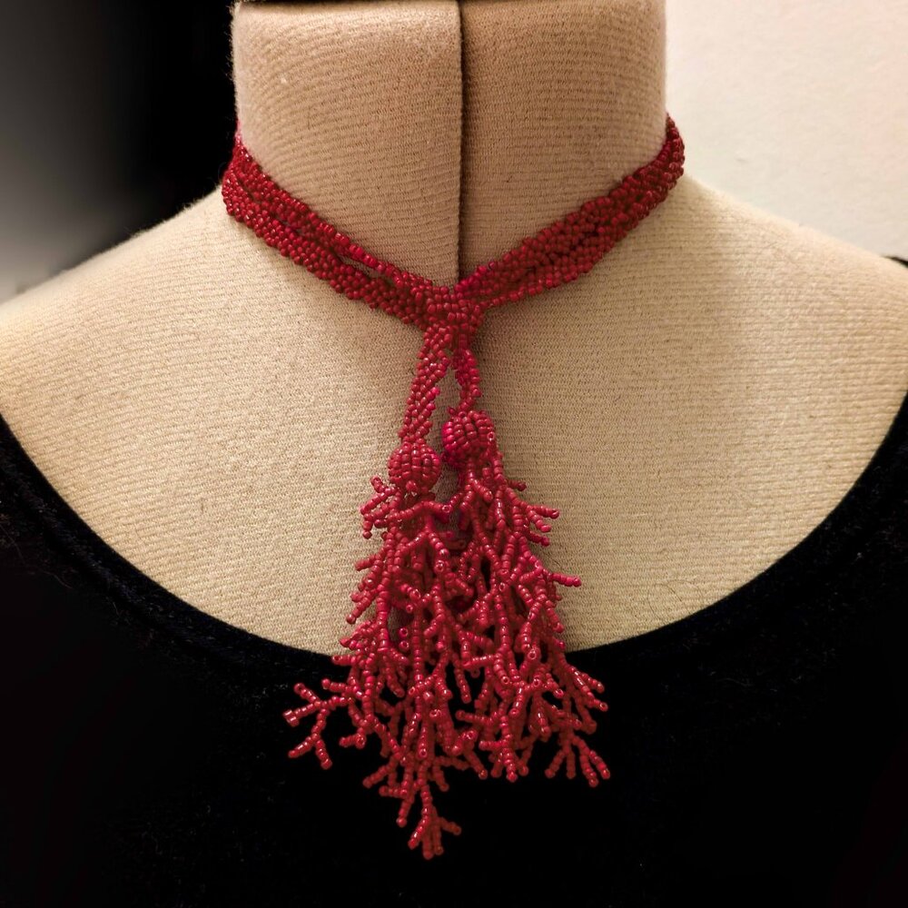 vintage long red coral branch beaded lariat necklace